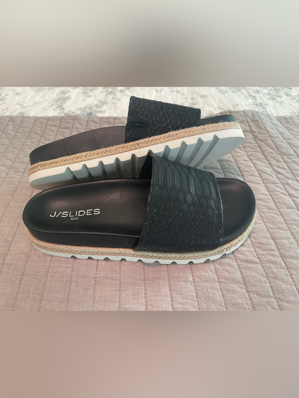 J Slides Black Textured Slide Sandals with White Platform